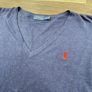 Polo Ralph Lauren Mens‎ Linen Cotton Sweater Size Large Blue V Neck Pullover